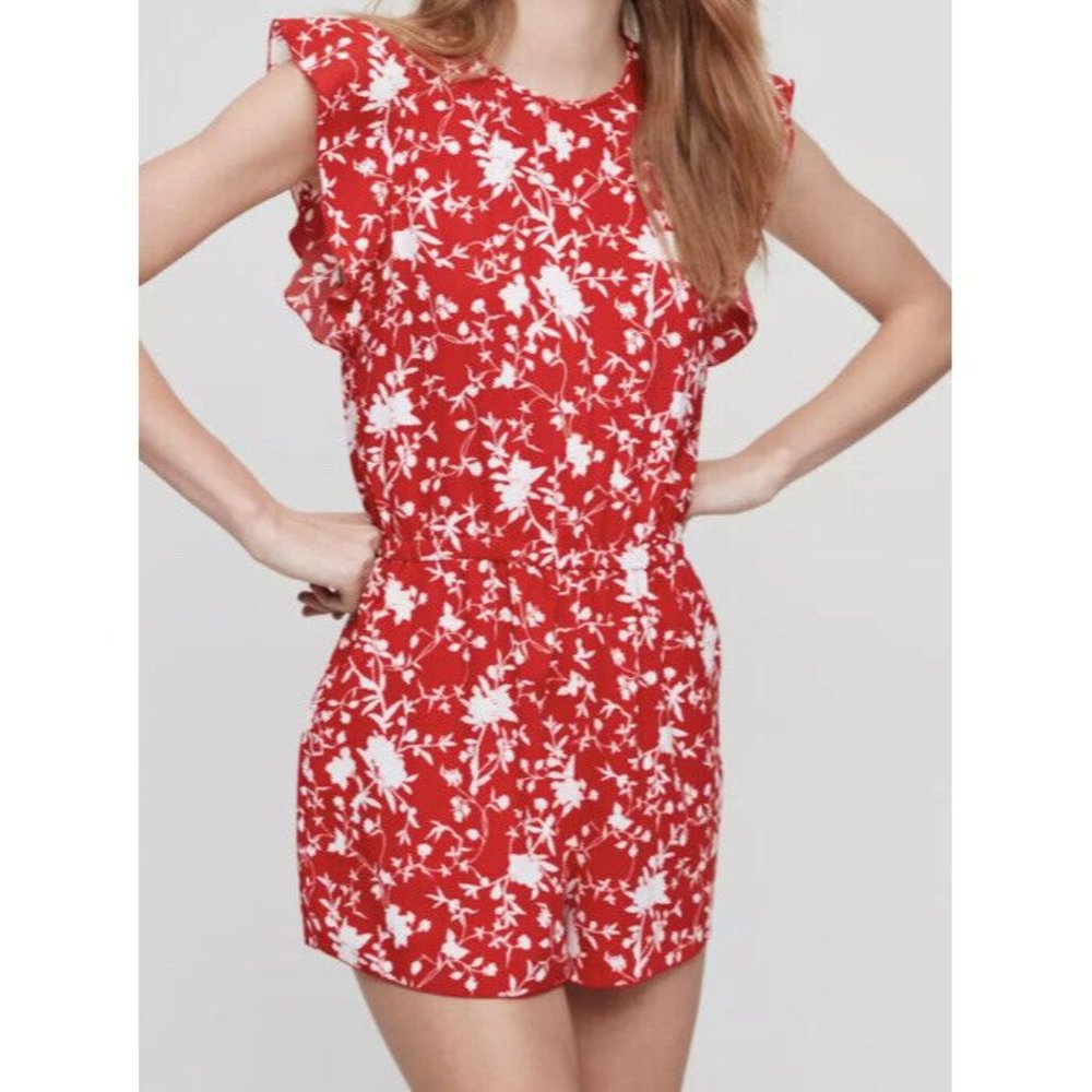 Wilfred XS romper Aritzia Fleurette Goji Berry White jumpsuit open back pockets